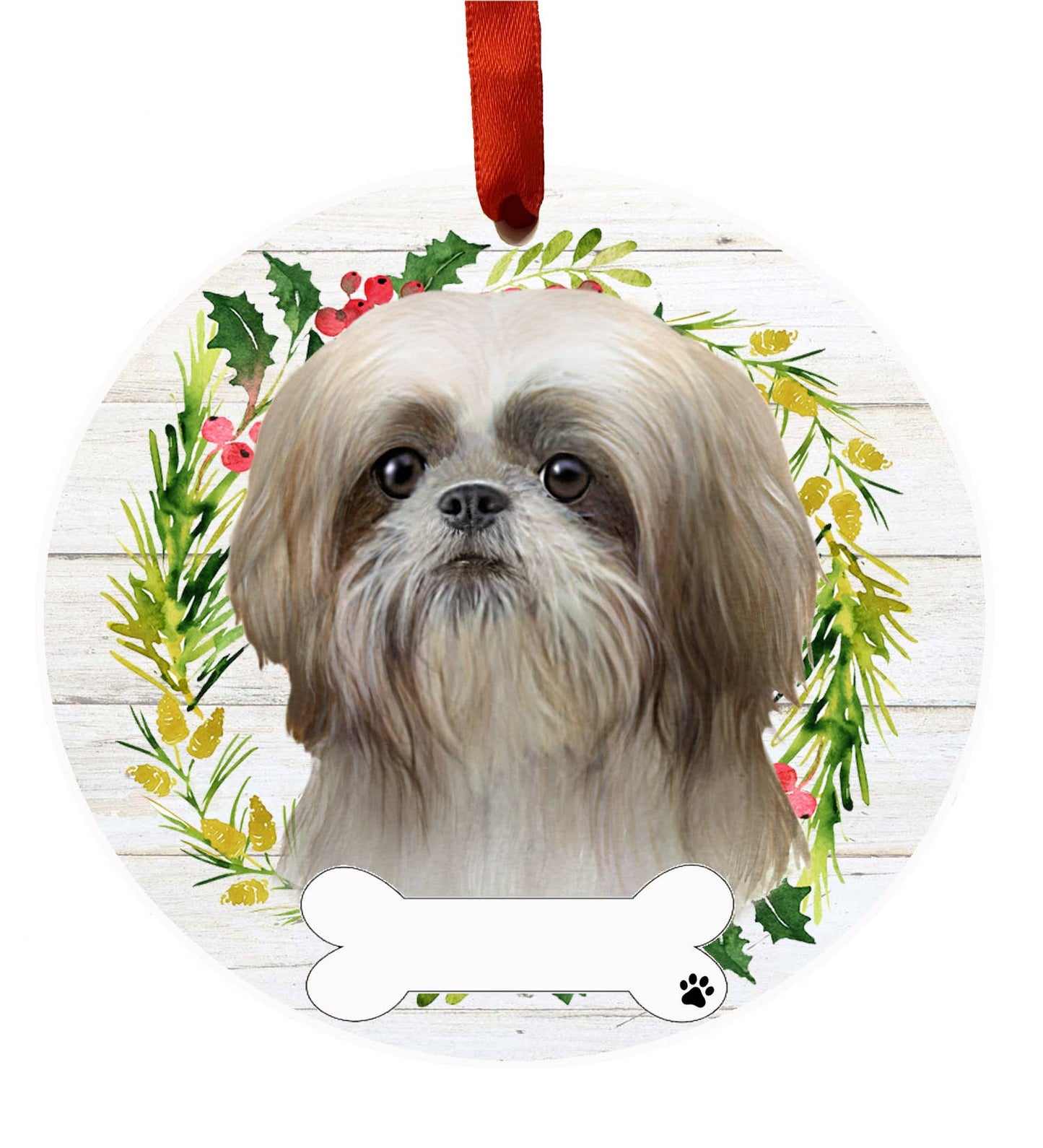 Tan and White Shih Tzu Ceramic Wreath Ornament