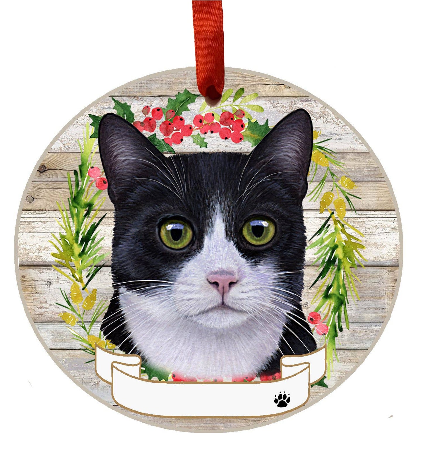 Black and White Cat Ceramic Wreath Ornament