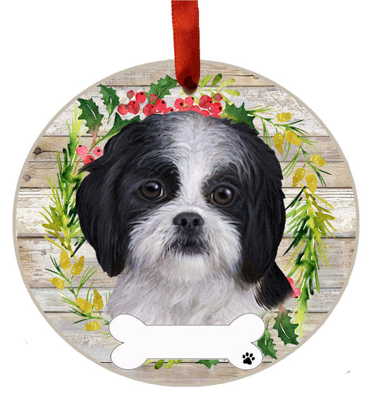 Black and White Shih Tzu Ceramic Wreath Ornament