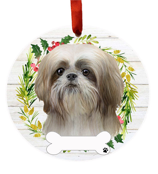 Tan and White Shih Tzu Ceramic Wreath Ornament