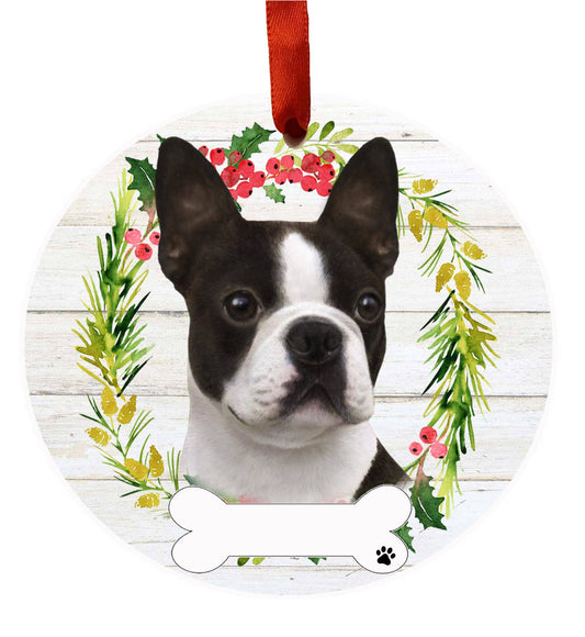 Boston Terrier Ceramic Wreath Ornament