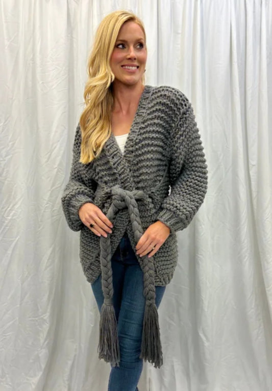 GREY- KNIT TIE FRONT KNOT CARDIGAN