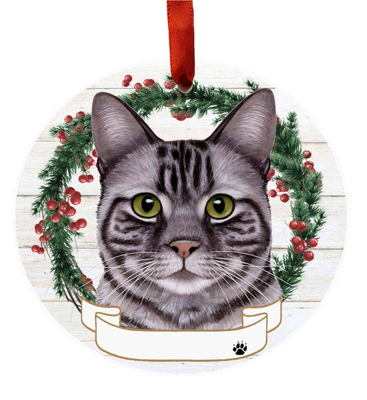 Silver Tabby Cat Ceramic Wreath Ornament