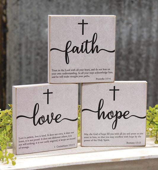 Faith, Hope, Love Bible Verse Block Sign